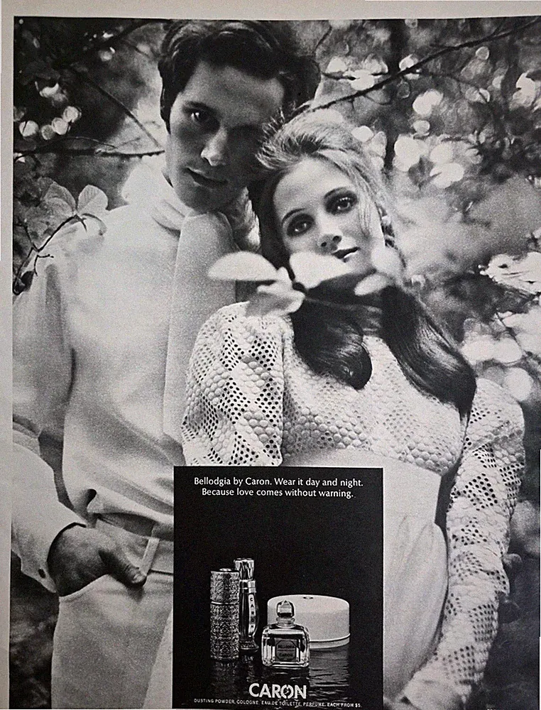 1968 Caron Bath Powder Cologne Perfume love comes without warning vintage ad