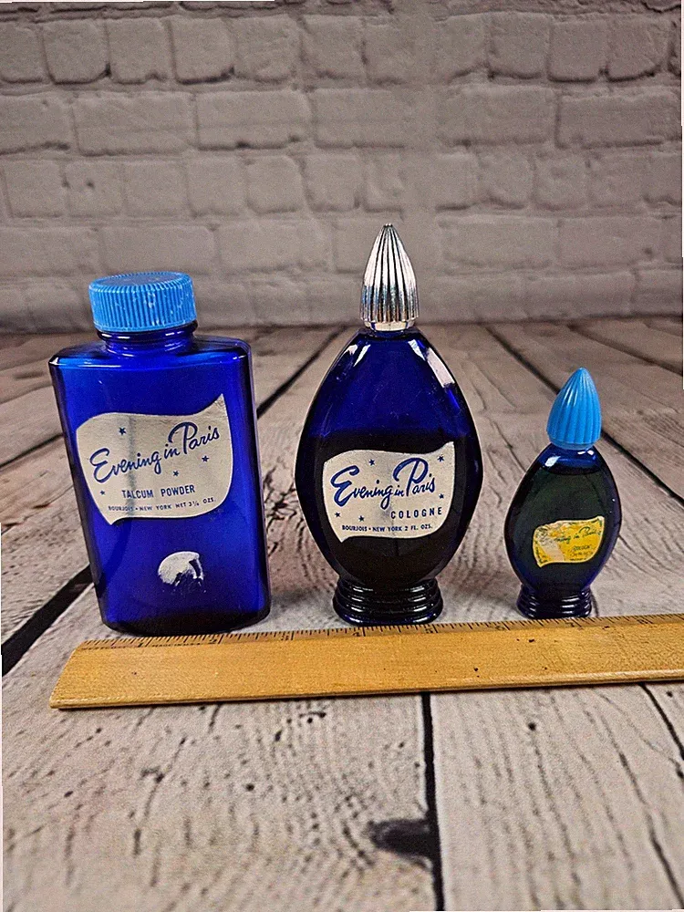 Vintage Bourjois Evening in Paris Cologne Talcum Powder Cobalt Blue Glass Set