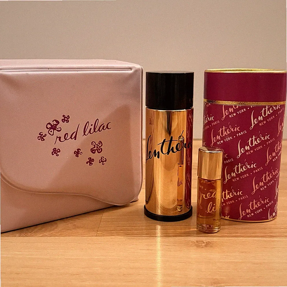 VTG Lentheric RED LILAC Perfume Cologne Set Splash Talc Powder in Travel Case